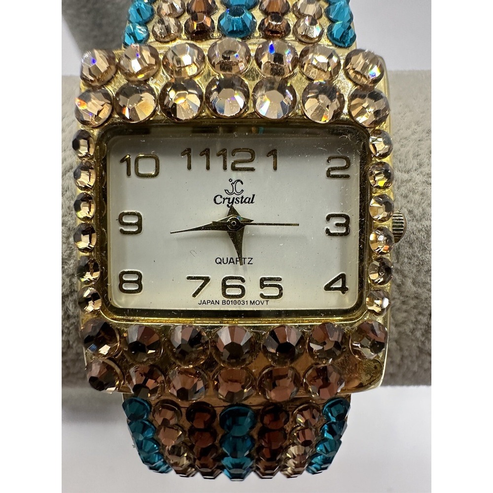 JC Crystal Watch Cuff Womens Jewels New Battery 30MM 6" Gold Tone WJ390‎ V